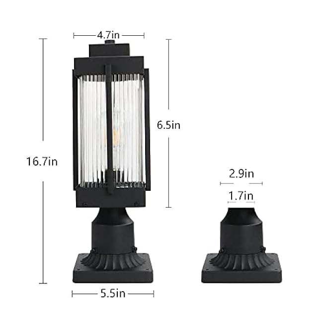 Monkfish Modern Black Outdoor Post Light, Waterproof Exterior Pillar Lamp with Square Base & Cyan Striped Glass Shade, E26 Socket, Weather Resistant Garden Path Light for Patio, Yard, Driveway