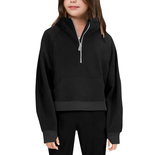 Girls Zip Up Hoodie Half Zip Pockets Sweatshirts for Teen Girls Long Sleeve Solid Color Pullover Tops with Thumb Hole3