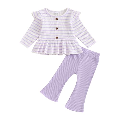 Molgkyo Toddler Baby Girls Outfits Ribbed Long Sleeve Ruffle Hem Tops + Flared Pants Sets 2Pcs Infant Fall Winter Clothes (A-Purple, 12-18 Months)