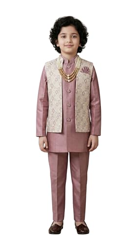 Image of AHHAAAA Kids Ethnic Silk Blend Waistcoat Kurta Pyjama 3 Piece Sherwani Set For Boys |540|