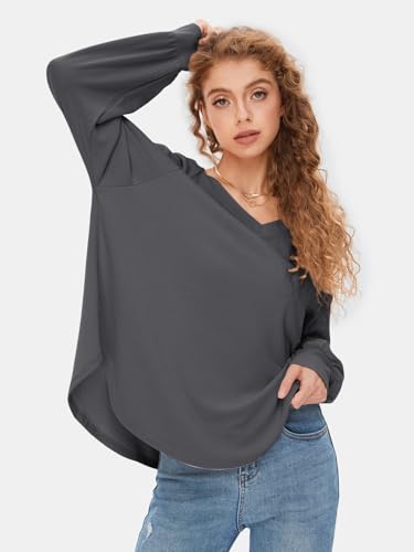 Image of EXLURA Womens Fall Oversized V Neck Tunic Tops 2025 Casual Long Sleeve Shirts Lightweight Soft Sweater Curved Hem T Shirts