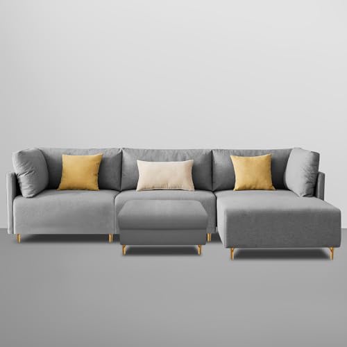 Image of Carina RHS 4 Seater L Shape Sofa Set with Center Table for Living Room (Grey Fabric) Premium Fabric Sofa