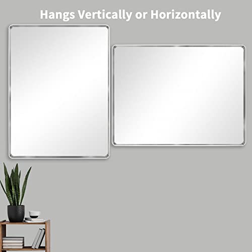 Loaao 40X30 Inch Silver Bathroom Mirror, Rounded Rectangle Silver Metal Frame Mirror, Brushed Nickel, Anti-Rust, Shatter Proof, Hangs Horizontally Or Vertically #TOP5