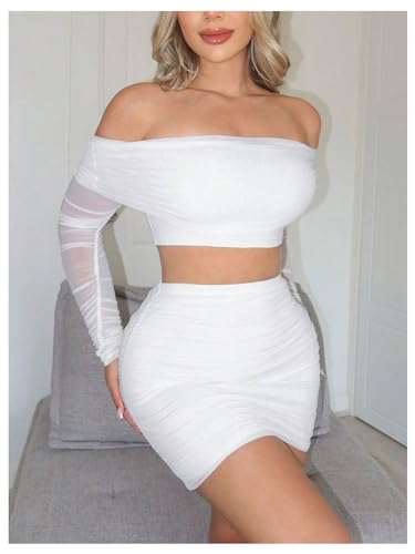 MakeMeChic Women's Party 2 Piece Outfits Mesh Off Shoulder Crop Top and Ruched Bodycon Skirt Set4