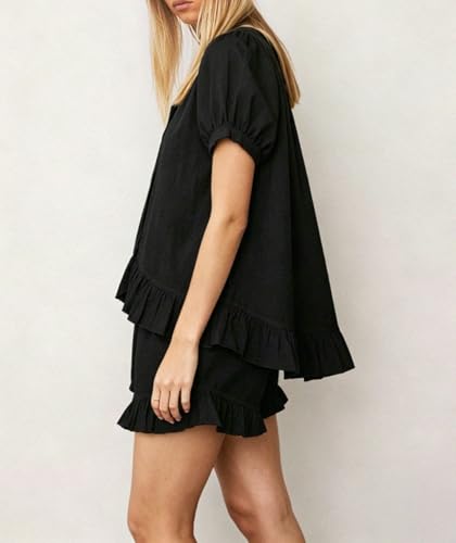 Image of Womens Fashion Summer Short Sets Short Sleeve Button Down Ruffle Trim Top and Shorts Cotton Pajama Sets