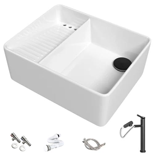 Lavabo Sobre Encimera con Tabla de Lavar, Diseño de Doble Cubeta, Cerámica, Lavadero Pila Exterior con Kit de Desagüe, para Balcones(White,400x320x150mm)
