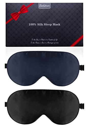 Silk Sleep Mask, 2 Pack 100% Real Natural Pure Silk Eye Mask With Adjustable Strap, Eye Sleeping Mask, Beevines Eye Sleep Shade Cover For Summer Travel Reduces Puffy Eyes (Black & Blue) #TOP9