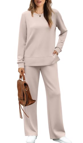 Image of WIHOLL Women's 2 Piece Lounge Sets Sweatshirt Casual Travel Outfits Fashion Wide Leg Tracksuit Cozy Sweatsuits