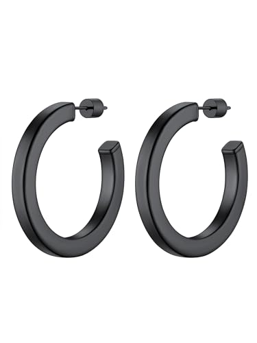 Image of Stainless Steel Chunky Hoop Earrings For Women, Minimalist and Chic, Black /Gold Plated, Round Hoops Earrings Hypoallergenic, Size: 30mm /40mm /60mm /80mm, Come with Box