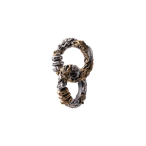 COPPERTIST.WU Dragon HexaFlow Pendant for Necklace - Rotating I Ching Hexagram Talisman, Brass & Oxidized Silver, 3D Dragon Design with Red Zirconia Pearl & Green Chalcedony