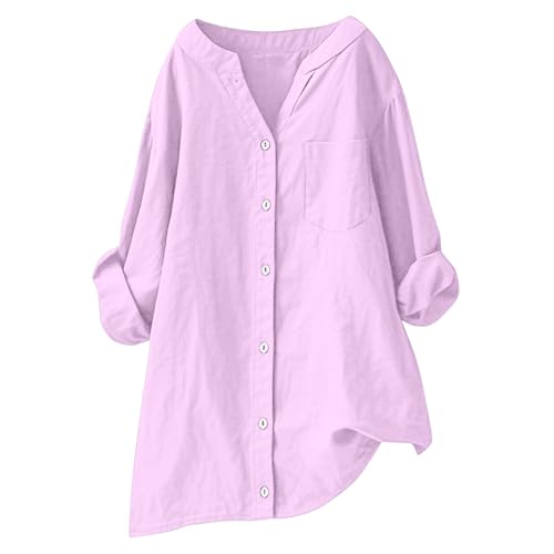 Womens 3/4 Sleeve Button Down Shirts Cotton Linen Roll Up 3/4 Sleeve Tops V Neck Casual Loose Fit Blouses4