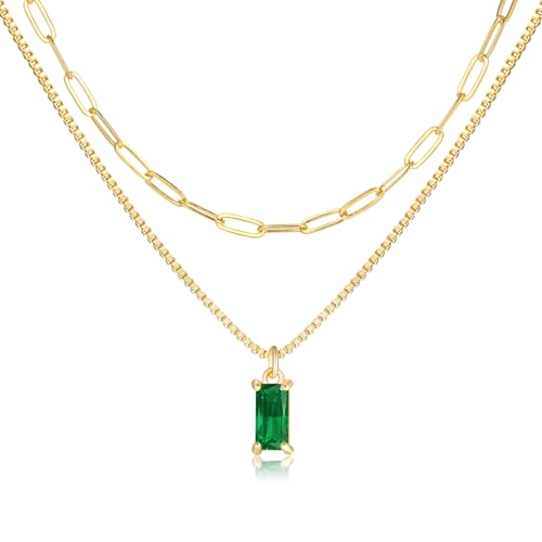 Pls Back Dainty Gold Charm Necklaces for Women Non Tarnish 14K Trendy Blue Green Cubic Zirconia Emerald Pendant Birthstone Necklaces Birthday Gifts for Women Waterproof Jewelry May(Emerald)