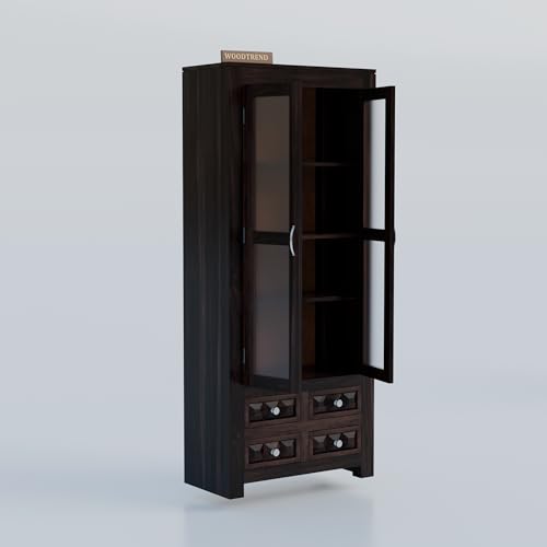 Image of Wood Book Shelf with Glass Door, Wooden Bookshelf for Home Library, Kitchen Crockery Cabinet, Study Room Furniture, Books Rack, Book Stand, BookCases, Bookshelves (Walnut Finish)