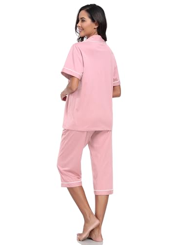 Image of COLORFULLEAF 100% Cotton Capri Pajama for Women Set Summer Short Sleeve Pj Sets for Women Cotton Sleepwear