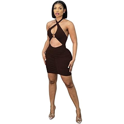 BYDIVA Women's Halter Lace Up Hollow Out Bodycon Dress Slim Fit Streetwear Dresses, Coffee, Large Cover