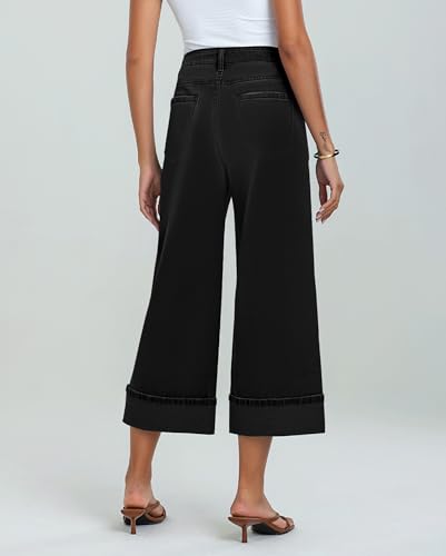 LookbookStore Capris Jeans for Women Wide Leg High Waisted Casual Summer Roll Hem Cropped Stretch Denim Jean Capri Pants2