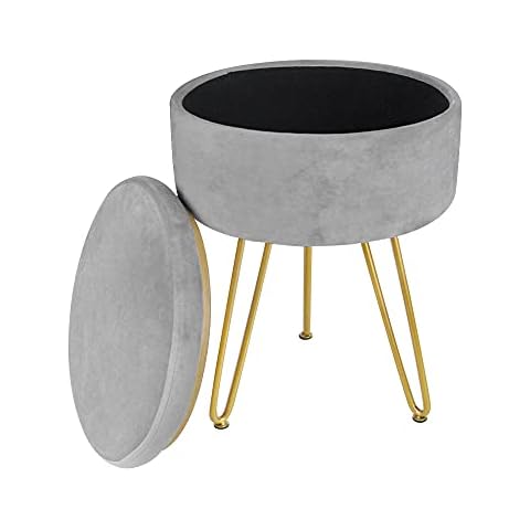 TOUCH-RICH Velvet Storage Footrest Stool Ottoman Round Modern Upholstered Vanity Footstool Side Table Seat, Table Top Cover, Dressing Chair with 3 Golden Metal Leg（Round-with Storage,Grey） Cover