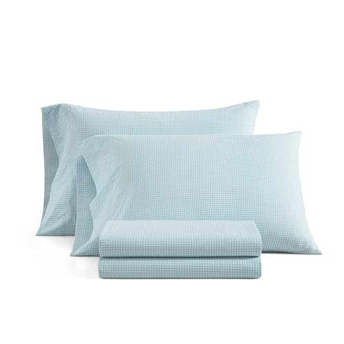 Image of Martha Stewart - Twin XL Size Sheet Set, Breathable Cotton Percale Bedding with Matching Pillowcase, Fully Elastic Fitted Sheet, Deep Pocket, Crisp & Cooling All-Season Comfort (Small Gingham Blue)