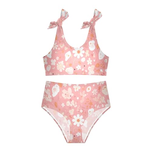 A Pattern of Flowers in Pink Girls Two Piecing Kids Bikini Set Scoop Neck Bathing Suit Swimwear Cute Shoulder Strap3