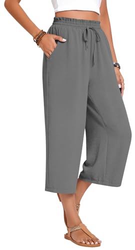 Image of Anyhold Women's Capri Pants Drawstring Casual Palazzo Trousers with Pockets Loose High Waisted Wide Leg Lounge Pants