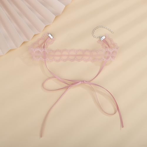 Vintage Lace Bow-knot Collar Choker Necklace - Gothic Lace Pattern - Halloween Costume for Women (Pink)4