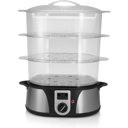 Ambiano Dampfgarer elektrisch Edelstahl TÜV/GS-Zeichen Dampfkocher mit 3 Ebenen inkl. Reisschale 1000 W Abschaltautomatik 12,0l BPA frei (Rund)