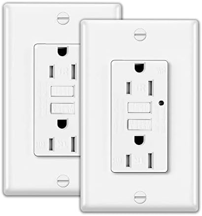 Decorator GFCI Receptacle with LED Indicator, Tamper Resistant, Weather Resistant, 15Amp, 125Volt, Wall Plate Included, UL Listed, ETL Certified (White, 2 Pack)