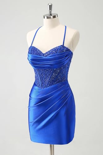 Womens's Short Satin Homecoming Dresses for Teens Spaghetti Straps Sequin Corset Prom Cocktail Party Gown4