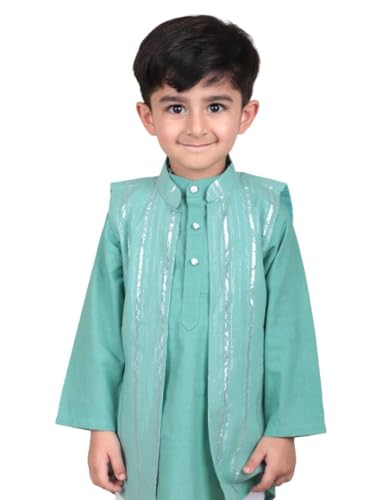 Image of POLKA TOTS Boys Cotton Ethnic Kurta Pajama Set with Attached Koti | Ethnic Motif Wear Kids Kurta Pyjama for Boys & Toddlers | Traditional Dress for Weddings & Festivals | Festive Jubba Set for Babies