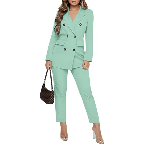 SAROULU Double Breasted Women Blazer Set Formal 2 Piece Pants Outfits Long Sleeve Bussines Suit Set for Work Office