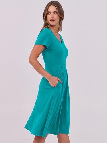 Image of ANRABESS Women Summer Dress Casual Short Sleeve V Neck A-Line Knee Length Pleated Flowy 2026 Fashion Midi Dresses with Pocket