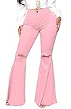 vunahzma Women's Flare Bell Bottom Pink Jeans Knee Ripped Fitted Destroyed Flare Denim Pants 70s Outfits for Women(X-Large, Pink-4014)