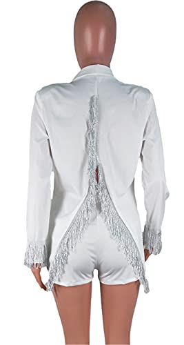 Womens Sexy 2 Pieces Back Slit Tassel Blazer Jackets Bodycon Shorts Party Casual Elegant Business Suit Outfits Set(Tassel White,S)4