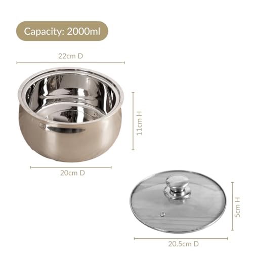 Image of Nestasia Stainless Steel Insulated Casserole with Glass Lid (2000 ml) - 100% Food Safe Casserole for Roti Hot Case with Air Vent Lid - Keeps Food Hot & Cold | Rust Resistant & BPA - Free
