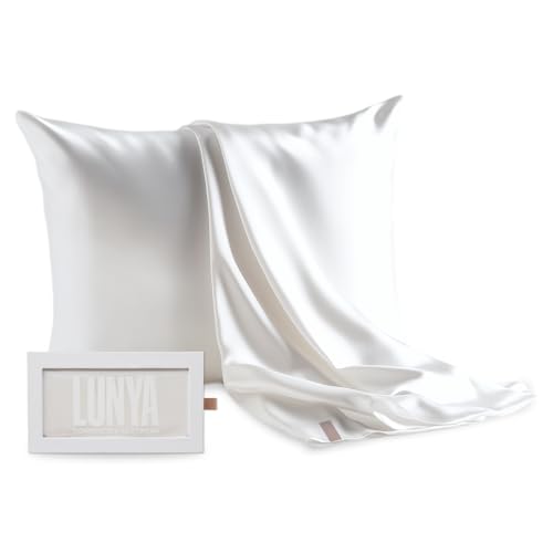Lunya Washable Silk Pillowcase - Mulberry Silk Pillowcases for Women - Thermoregulating Silk Pillows - 'Good in Bed' Design - One Size - Tranquil White