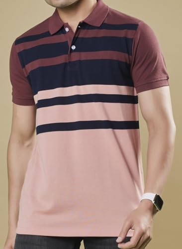 Image of 3BROS Mens Striped Polo Neck Half Sleeve Regular Fit T-Shirt for Men | Wine, S
