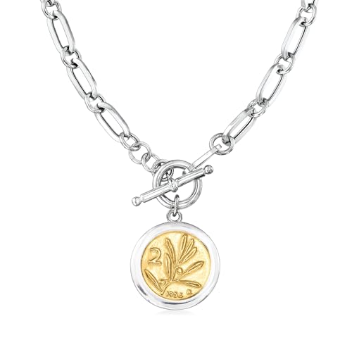 Ross-Simons Italian Sterling Silver and 18kt Gold Over Sterling Replica Bumblebee Lira Coin Paper Clip Link Toggle Necklace3