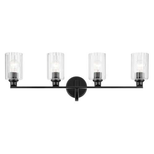 Image of Kichler Gioe 4-Light Bathroom Vanity Light Fixture with Clear Fluted Glass in Black, Modern Wall Mount Over Mirror Lighting for Powder Room (32.25 x 10.5 x 6.75 in), 55227BKFLU
