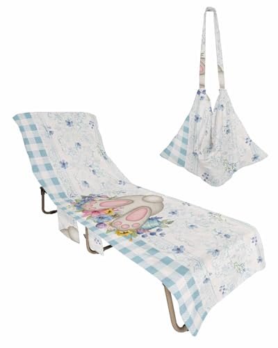 Easter Bunny Butt Beach Chair Towel Covers for Chaise Lounge with Side Pocket, Soft Plush Pool Towels Cover for Patio Sunbathing Outdoor 29''x85'' Easter Egg European Traditional Flower