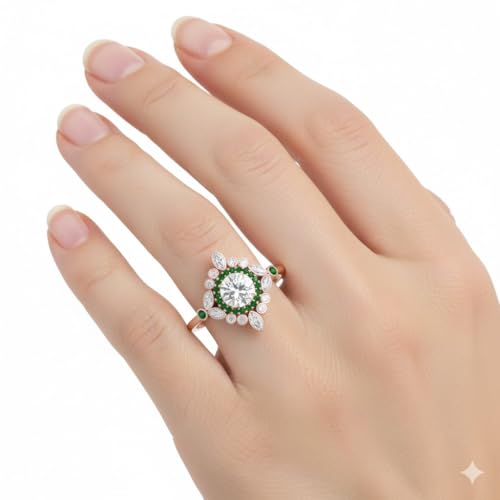 Image of 55Carat Choose Your Gemstone Round Halo Floral Engagement Ring Rose Gold Plated Round Shape Vintage Engagement Rings Everyday Jewelry Wedding Jewelry Handmade Gifts for Wife US Size 4 to 12