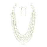 RIAH FASHION Multi Beaded Bubble Statement Necklace - Round Ball Chunky Drape Bib Collar Marbled, 7 Layer Long (Chunky Bead Layer Necklace - White)
