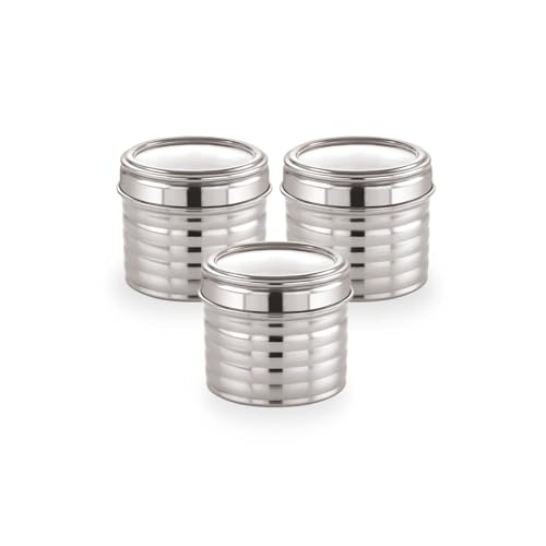 Image of Sizzle Roxy Stainless Steel Container Set with See Through Lid, Multipurpose Kitchen Storage Dabba for Spices, Grains, Dry Fruits | Leak-Proof Food Storage Organizer |460ML - 3 pcs