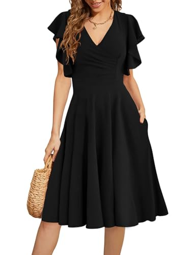 Women's Cocktail Dress Wrap V Neck Ruffle Short Sleeve A Line Work Formal Wedding Guest Midi Dress with Pockets - Image 4