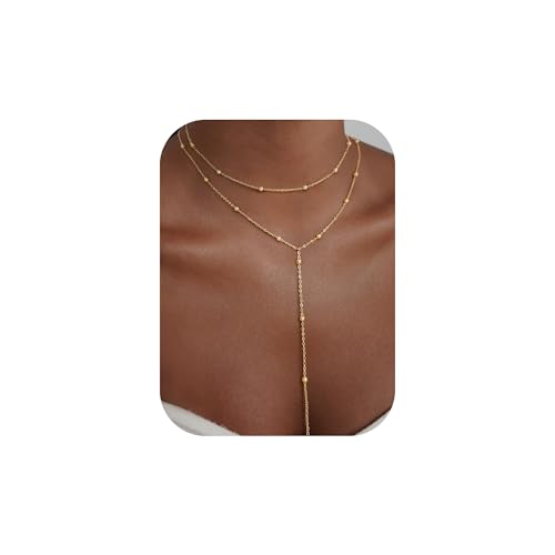 Turandoss Gold Necklace for Women - Dainty Long Y Necklace 14K Gold Plated Y-Shaped Lariat Necklaces Layered Beaded Chain Lip Chain CZ Pearl Cross Drop Necklaces for Women Trendy Jewelry