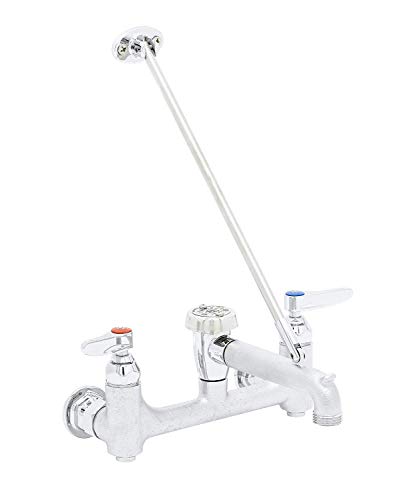 T&S Brass B-0665-BSTR Service Sink Faucet. 8 Wall Mount with Built in Stops Vacuum Breaker and Pail Hook. Rough Chrome with Garden Hose Male Outlet. (Pack of 1)