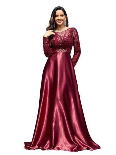 Red Sequin Crewneck Evening Dress for Women Long Sleeve Satin