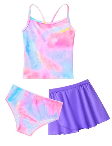 Image of Girls Swimsuit 3 Piece Sleeveless Bathing Suit Sets with Skirt Swimwear Rash Guard for Kids Beach UPF 50+ Sun Protection