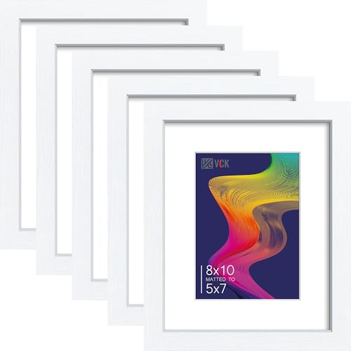 Image of VCK 8x10 Picture Frame 5 Pack, White Wood, 5x7 Mat, Glass, for Photo Print