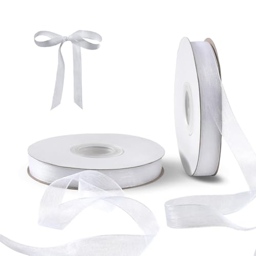 FAKILO White Organza Ribbon for Gift Wrapping, FAKILO 1/2 Inch Sheer Wrapping Ribbon for Bouquet, Wedding, Christmas Gift - 50 Yards Each Roll