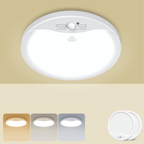 zemty 9inch 18W Motion Sensor Ceiling Light Wired, 3 Sensing Modes Motion Activated Closet Lights White, 3000K/4000K/6500K Waterproof LED Ceiling Lamp for Pantry Closet Shower Hallway-2Pack
